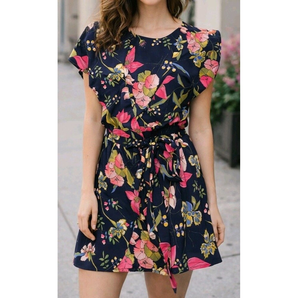 Gianni Bini Penelope Floral Wrap Dress Navy Flowers Fit Flare Casual Chic Small
